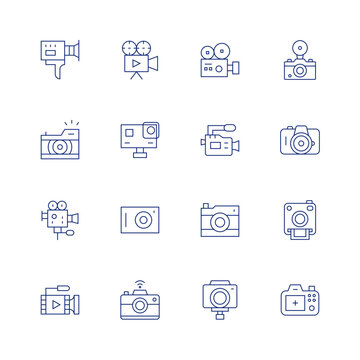 Camera line icon set on transparent background with editable stroke. Containing video camera, sport camera, camera, camera stand, polaroid camera, photo camera, super, photography, cinema.
