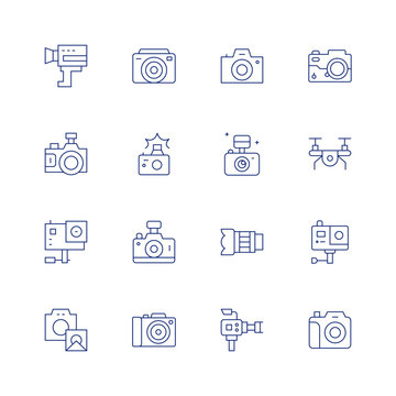 Camera line icon set on transparent background with editable stroke. Containing photo camera, camera lens, video camera, camera, drone, gopro, super, photography, action camera.