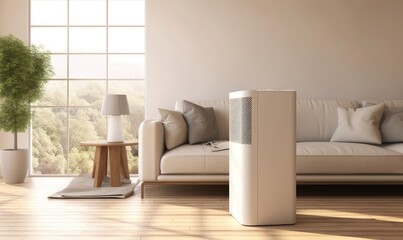 White modern design air purifier, dehumidifier in beige wall living room, cream suede leather sofa, brown cushion, wood parquet floor in sunlight for healthcare, health technology, Generative AI - obrazy, fototapety, plakaty