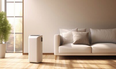 White modern design air purifier, dehumidifier in beige wall living room, cream suede leather sofa, brown cushion, wood parquet floor in sunlight for healthcare, health technology, Generative AI - obrazy, fototapety, plakaty