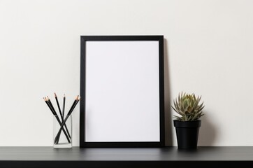 Black thin poster frame 5x7 on the table. Minimal mockup, Generative AI
