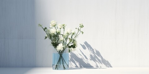3D Transparent blue glass vase with white rose flower, bouquet of green tree twig in outdoor sunlight on concrete counter and wall for luxury interior, Generative AI