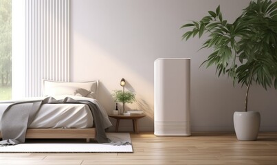 White modern design air purifier, dehumidifier in beige brown wall bedroom, gray cover sheet bed, tropical palm tree in sunlight on wood parquet floor, Generative AI