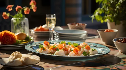 Fotobehang Delicious peruvian ceviche of shrimp and fish with vegetables, spices and lime close up on a plate  © xavmir2020