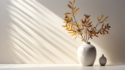 Studio background, houseplant on shelf with shadow leaves and sunlight on grey wall,Banner for cosmetic product presentation,Generative Ai.
