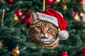Funny cat in a Santa Claus hat among the Christmas tree branches