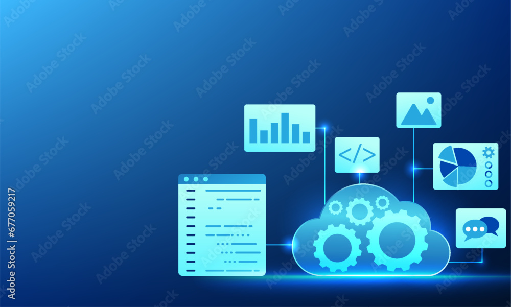 Poster cloud technology inside has gears along with a screen displaying command codes, charts, and icons. s