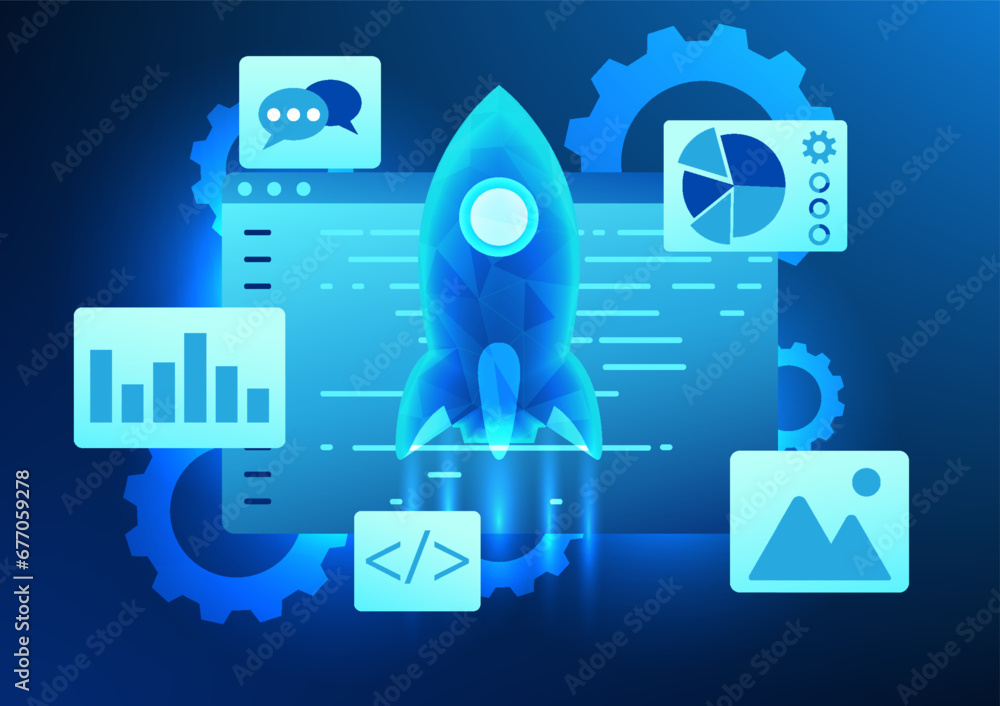 Poster software technology, a screen showing command code with a screen with rockets rising up represents t