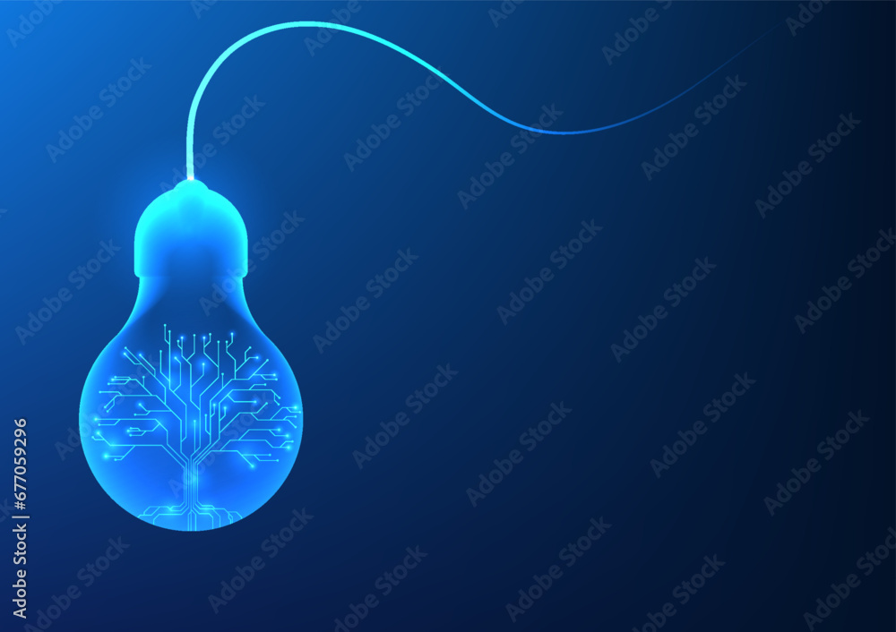 Poster renewable energy technology the light bulb inside is a technological circuit tree. it represents the