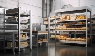 Commercial, professional bakery kitchen and stainless steel convection, deck oven, freezer, refrigerator, table, cart, trolley, shelf bread, bun and ingredient for baking business, Generative AI