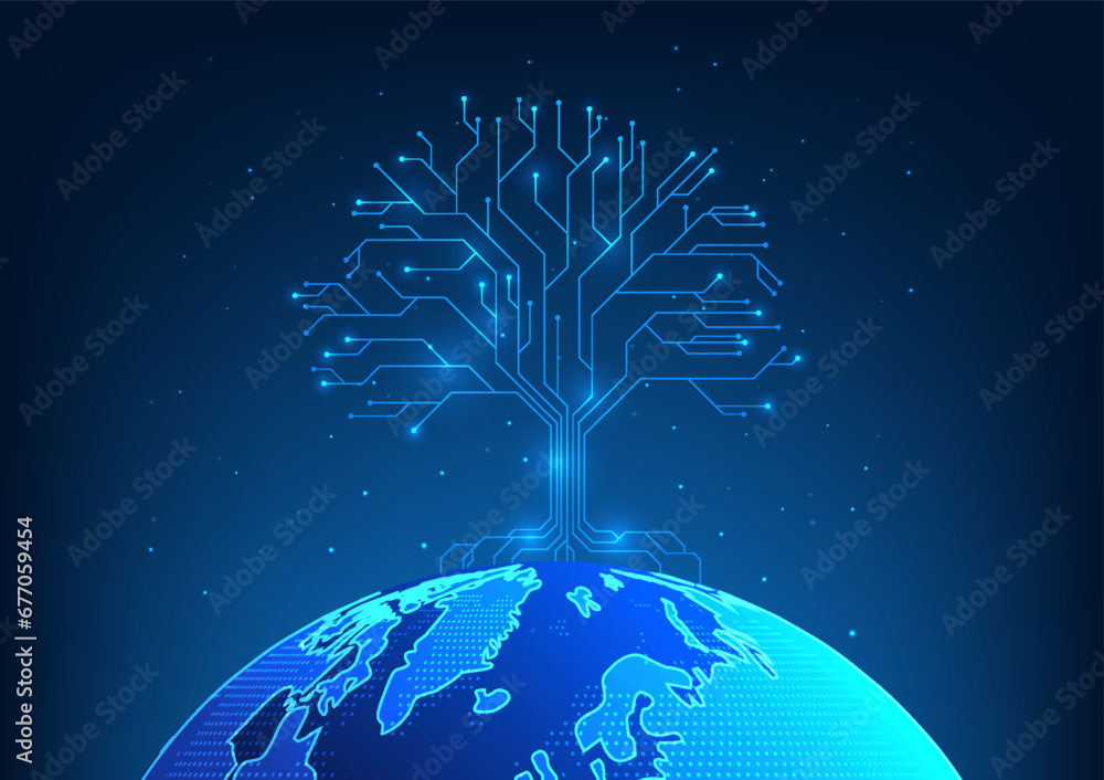 Poster renewable energy technology the tree is a pattern of technological circuits with branching connectio