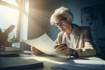 Empowered mature woman. Worker senior female office papers. Generate Ai - Powered by Adobe
