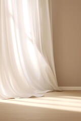 Beautiful sunlight, blowing white sheer curtain from open window on blank beige brown wall, floor, white baseboard for interior design decoration, air, Generative AI - obrazy, fototapety, plakaty