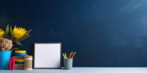 Creative desk with a blank picture frame or poster, desk objects, office supplies, books, and plant on a dark blue background, Generative AI - obrazy, fototapety, plakaty