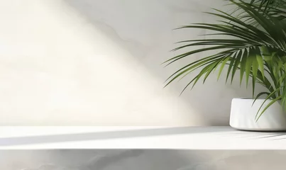 Foto op Plexiglas Modern minimal empty white marble stone counter table top, palm tree in sunlight, leaf shadow on concrete wall background for luxury organic cosmetic, Generative AI © Moments Captured