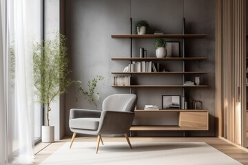 Fototapeta na wymiar Shelving unit near concrete wall and gray armchair near window. Scandinavian style interior design of modern living room. Generative AI
