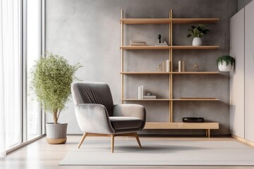 Shelving unit near concrete wall and gray armchair near window. Scandinavian style interior design of modern living room. Generative AI - obrazy, fototapety, plakaty