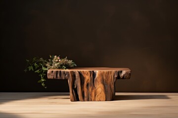 Rustic wood podium. Background for products cosmetics, food or jewellery. Front view, Generative AI - obrazy, fototapety, plakaty