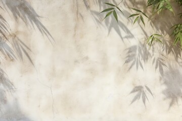 Close up of texture of old, weathered, eroded white stone concrete wall in beautiful foliage dappled sunlight of tropical bamboo tree leaf shadow for interior design decoration material, Generative AI