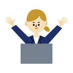 ビジネスパーソン　バンザイ　仕事　女性　コンピューター　PC 笑顔　喜ぶ　イラスト	
