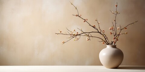 Blossom branch in clay vase near beige stucco wall background. Interior design of modern living room with space for text. Generative AI