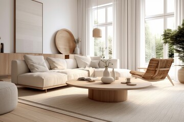 White sofa and wooden coffee table in scandinavian style interior design of modern living room. Generative AI