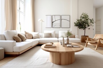 Obraz na płótnie Canvas White sofa and wooden coffee table in scandinavian style interior design of modern living room. Generative AI