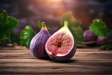 close-up fig fruits with leaf . Beautiful sweet fresh organic figs on a wooden background.  - obrazy, fototapety, plakaty