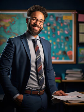 Smiling male teacher in blue suit and against blackboard background created with Generative AI Technology