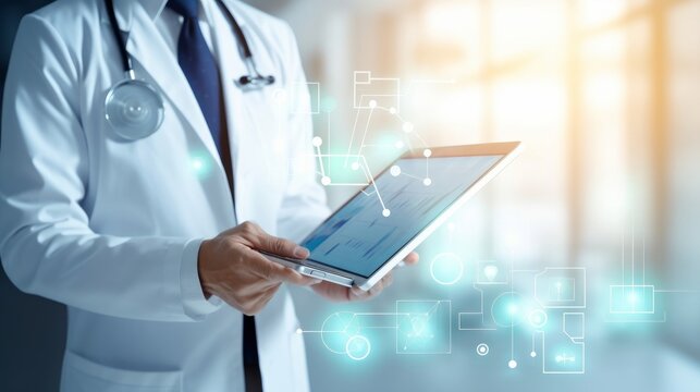 Healthcare business graph data and growth of investment, Doctor using tablet analyzing medical report, Virus pandemic develop attention healthcare, Generative AI