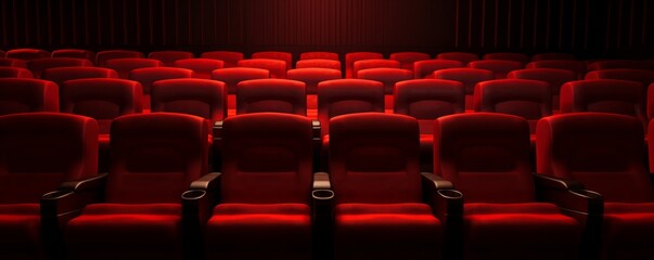 Rows of red velvet seats watching movies in the cinema with copy space banner background. Entertainment and Theater concept. 3D illustration rendering, Generative AI
