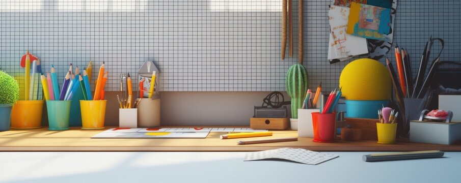 School supplies at home office desk, Generative AI