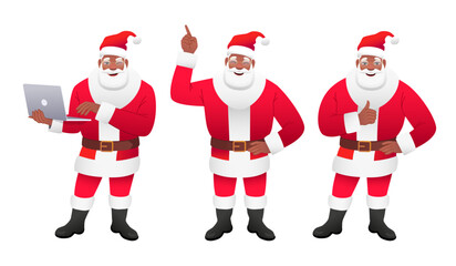 Smiling black Santa with glasses holds a laptop in his hands, points to something, shows a like gesture. Collection of three African bearded Santa Claus.