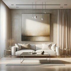 Contemporary minimalistic living room bathed in golden hues from the natural light, featuring sleek decor