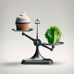 A frosted cupcake and a fresh green salad leaf placed on either side of a balance scale