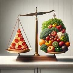 Creative balance scale concept showing the weight of healthy vegetables against a slice of pizza