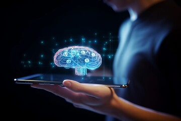 Hand using mobile phone and human brain head network technology for global communication. Digital data and internet computer social concept. Big data and Artificial intelligence, Generative AI