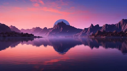  A twilight scene over a calm lake with a mirror-like reflection of the surrounding mountains, and the sky transitioning from orange to purple hues. © Balqees