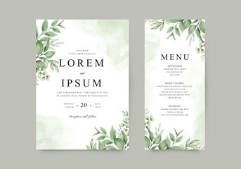 Beautiful wedding invitation template with watercolor leaves