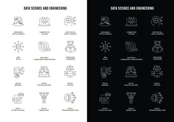 Data science and engineering icons: modeling, transformation, mining, storytelling, visualization, big data, computer vision, natural language processing, AI, ML, and data ethics.