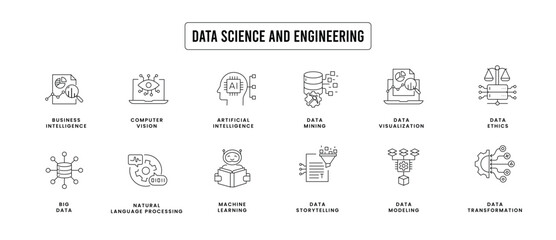 Data science and engineering icons: modeling, transformation, mining, storytelling, visualization, big data, computer vision, natural language processing, AI, ML, and data ethics.
