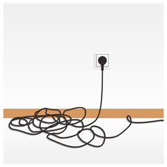 Untidy and scattered electric cable lay on the floor vector illustration. Electrical safety bad practice for lesson learned. Unsafe condition. Poor cable management.