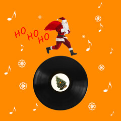 Winter holidays bright artwork. Creative collage with Santa Claus running on vinyl record against...