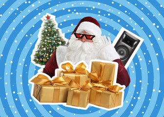Winter holidays bright artwork. Santa Claus with party sunglasses, gift boxes, Christmas tree and sound speaker against color background, creative collage