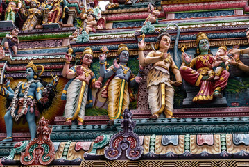 Veeramakaliamman Temple Singapore.
details of Intricate Hindu art and deity carvings on the facade of Sri Veeramakaliamman Temple in Little India, Singapore. - 677063024