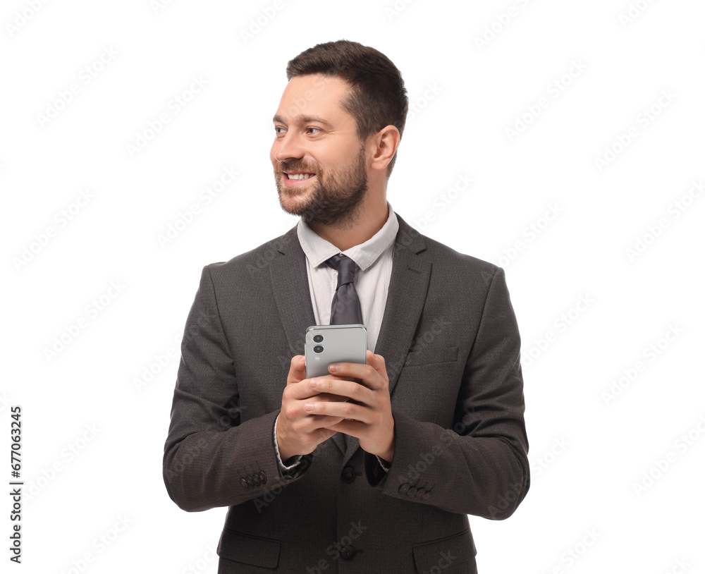 Wall mural Happy man sending message via smartphone on white background