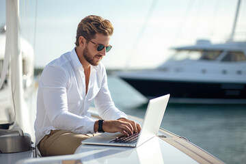 Freelancer man working on a laptop on a yacht.