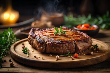 Fried meat steak on a wooden plate.