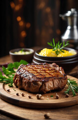 Fried meat steak on a wooden plate.