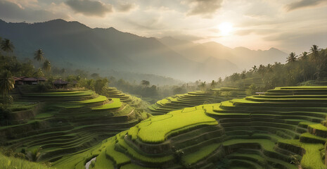 A beautiful green mountain with terraces rice fields.